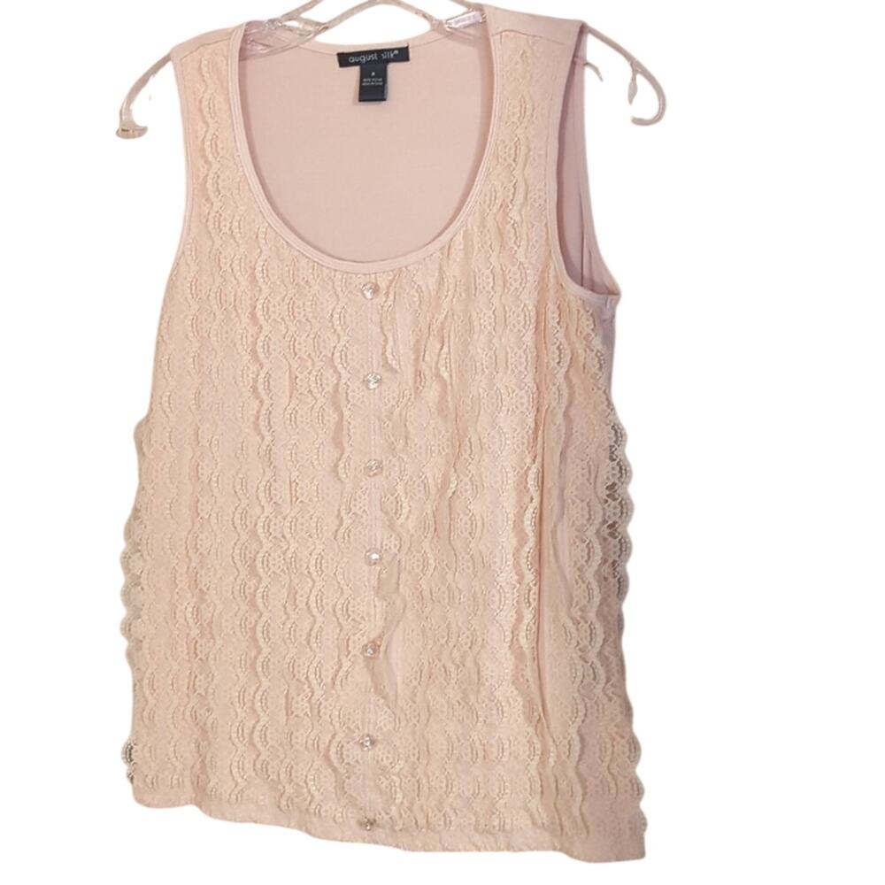 August Silk Blush Pleated Lace Ruffle Sleeveless Scoop Neck Tank Women's Size M